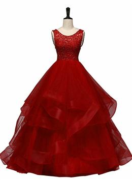 Picture of Wine Red Color Tulle with Lace Layers Ball Gown Sweet 16 Dresses, Long Formal Dresses Formal Dresses